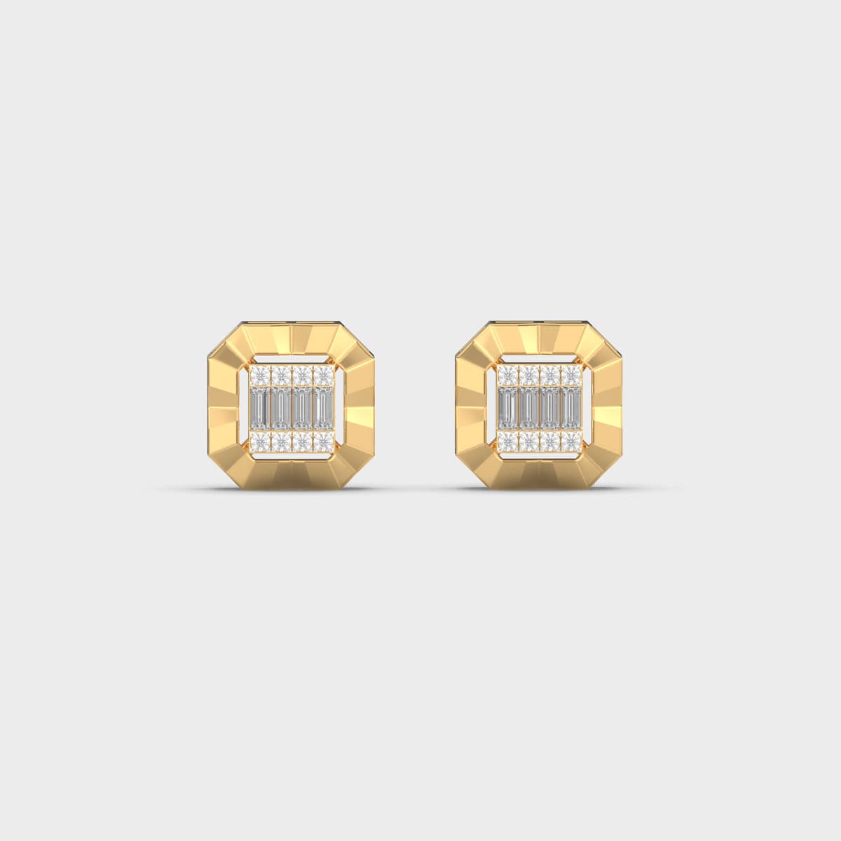 Fluted Octagon Baguette Cluster Diamond Studs
