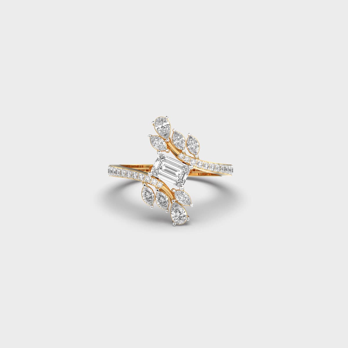 Emerald Cut Laurel Leaf Bypass Diamond Ring