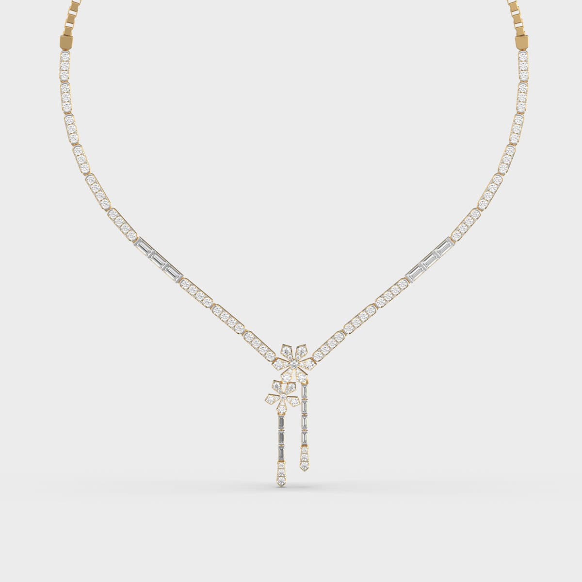 Baguette Line Floral Drop Diamond Necklace