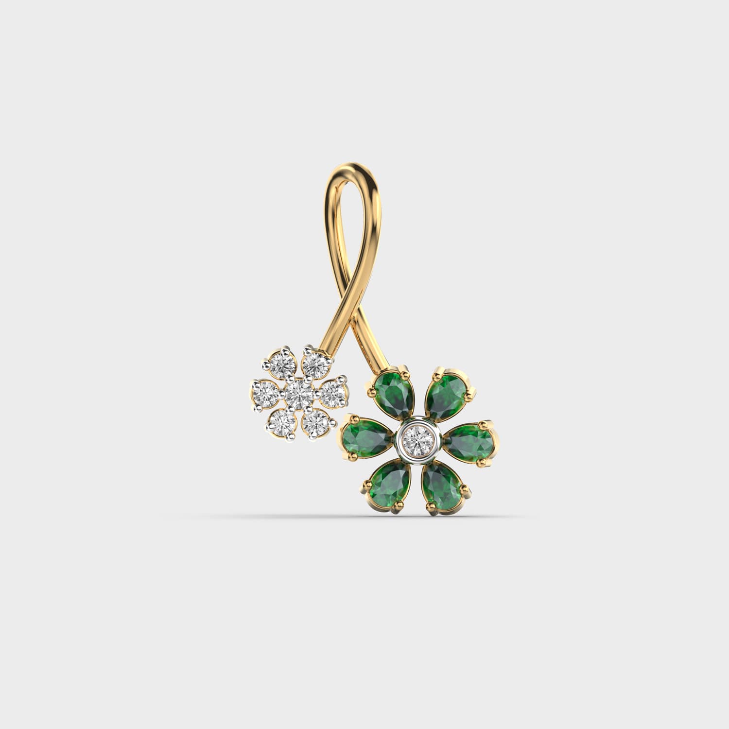 Dual Flower Green Stone Diamond Pendant (Without Chain)