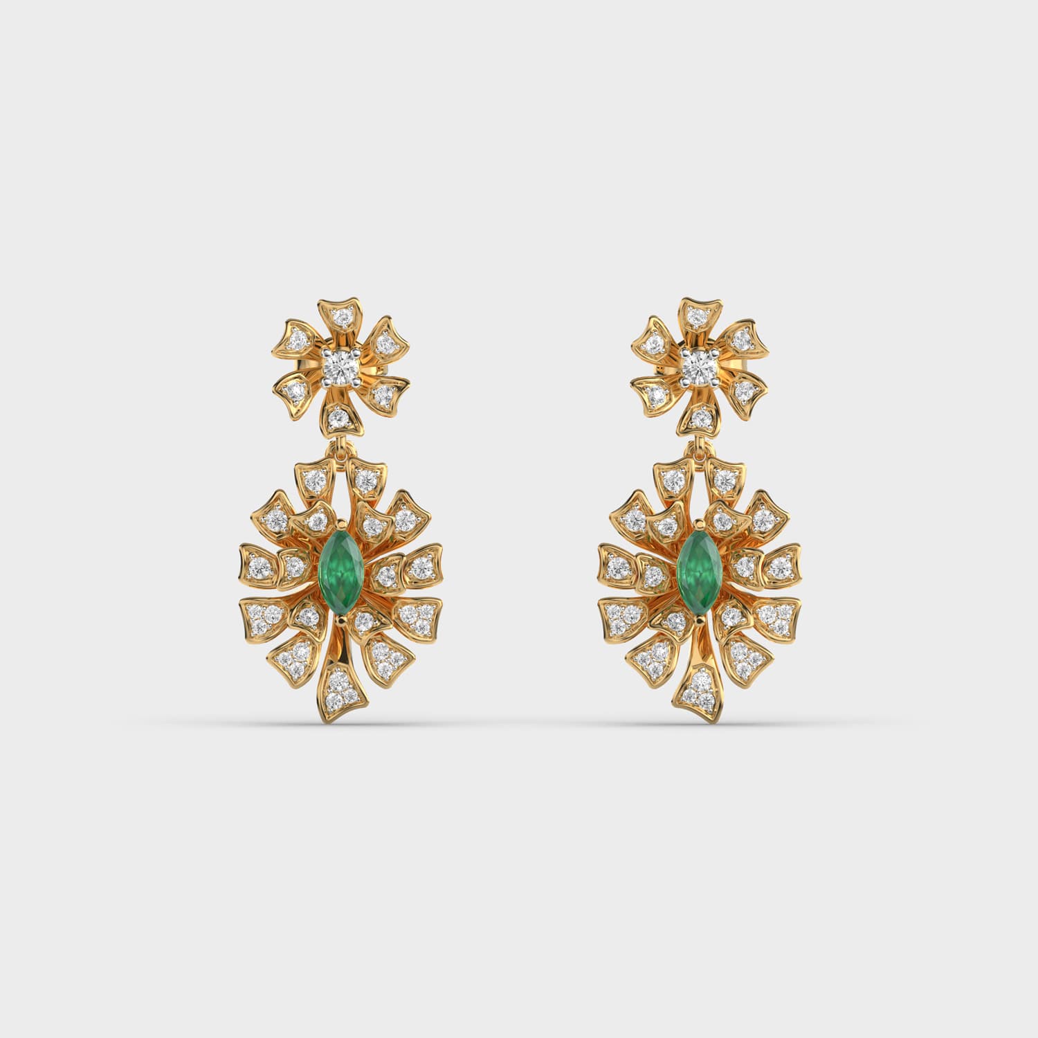 Regal Emerald Green Flower Diamond Earrings