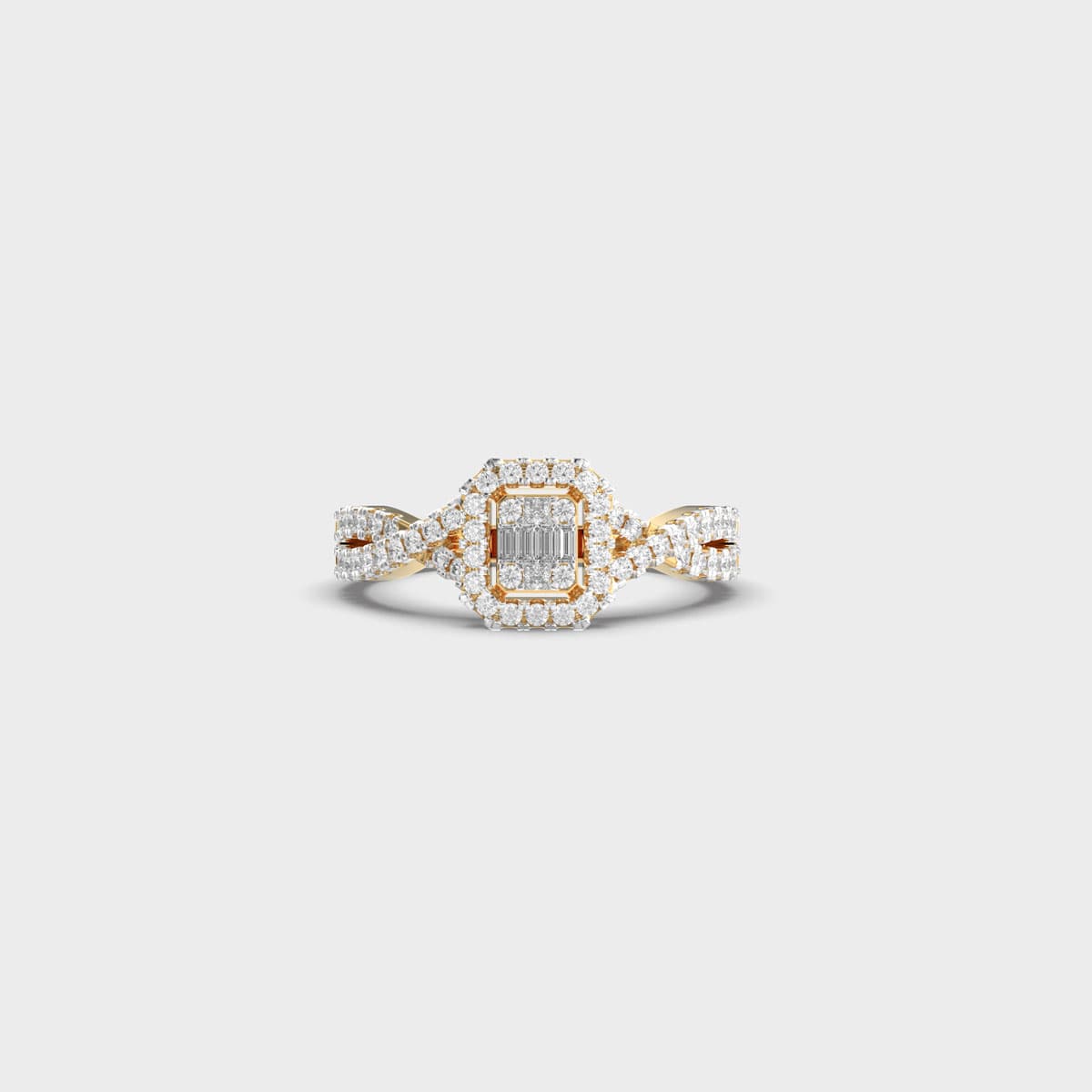 Baguette Halo Twist Shank Diamond Ring