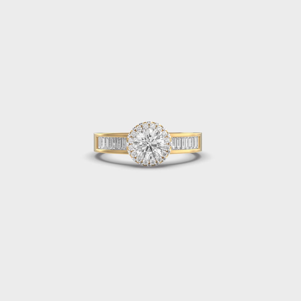 Round Halo Baguette Shoulder Diamond Ring