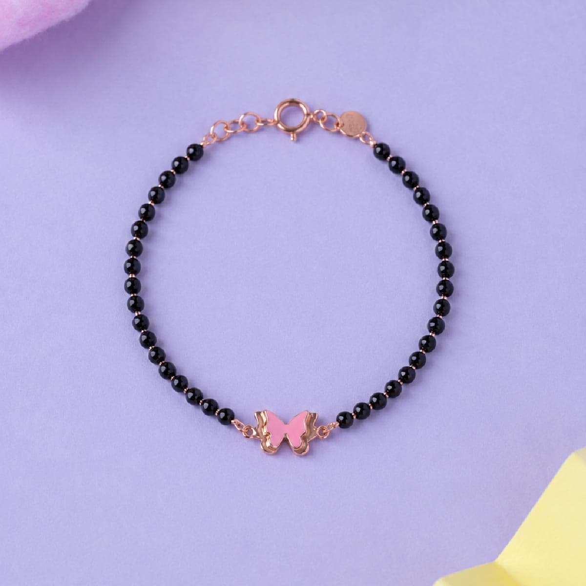 Pink Butterfly Charm Black Beaded Bracelet For Kids