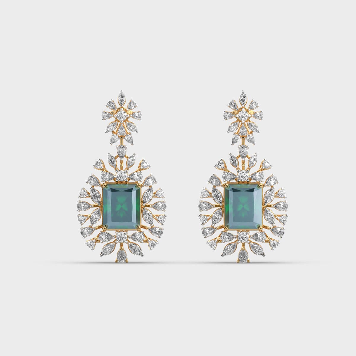 Royal Green Stone Diamond Cluster Danger Earrings