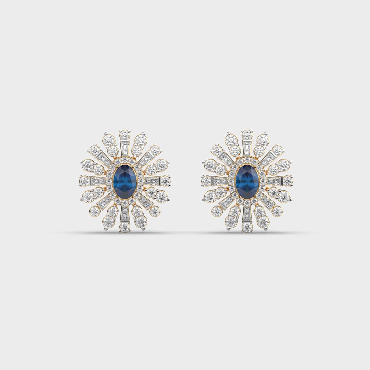 Oval Blue Stone Starburst Diamond Studs