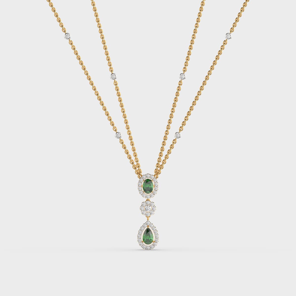 Green Stone Halo Layered Diamond Necklace