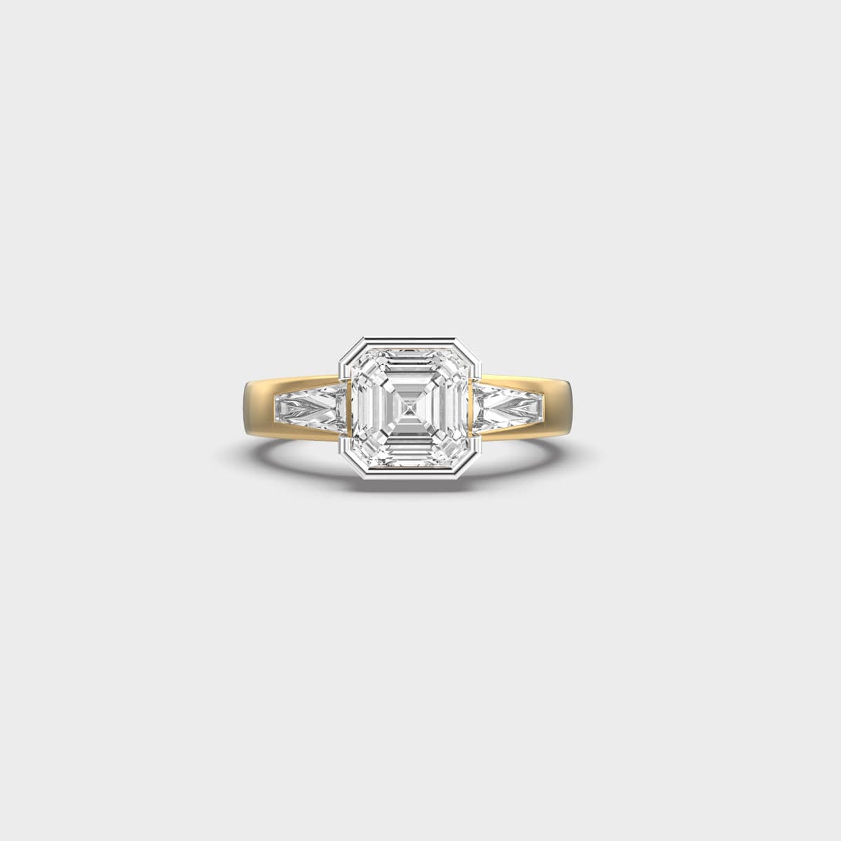 Framed Asscher Accent Shoulder Diamond Ring