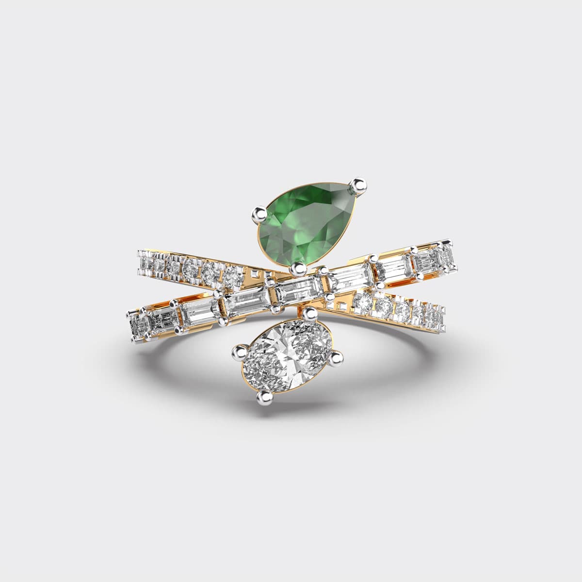 Crossover Pear Green Stone Diamond Ring